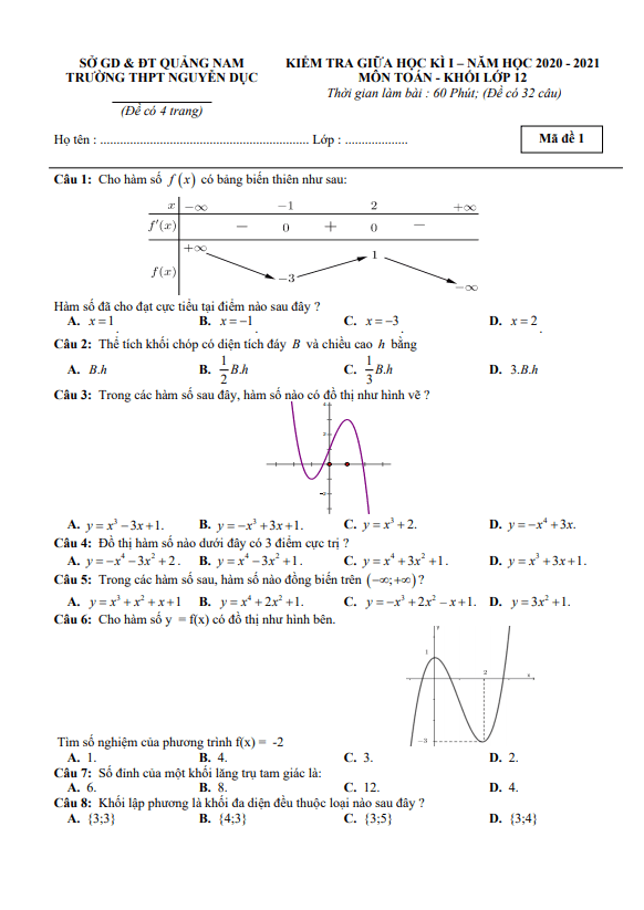 Đề thi giữa học kì 1 (HK1) lớp 12 môn Toán năm 2020 2021 trường THPT Nguyễn Dục Quảng Nam