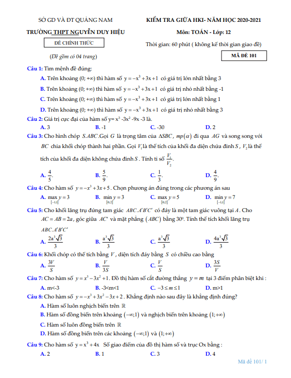 Đề thi giữa học kì 1 (HK1) lớp 12 môn Toán năm 2020 2021 trường THPT Nguyễn Duy Hiệu Quảng Nam