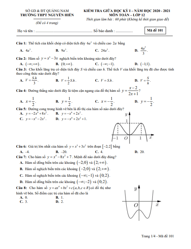 Đề thi giữa học kì 1 (HK1) lớp 12 môn Toán năm 2020 2021 trường THPT Nguyễn Hiền Quảng Nam