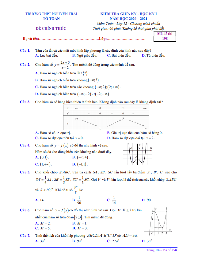 Đề thi giữa học kì 1 (HK1) lớp 12 môn Toán năm 2020 2021 trường THPT Nguyễn Trãi Quảng Nam