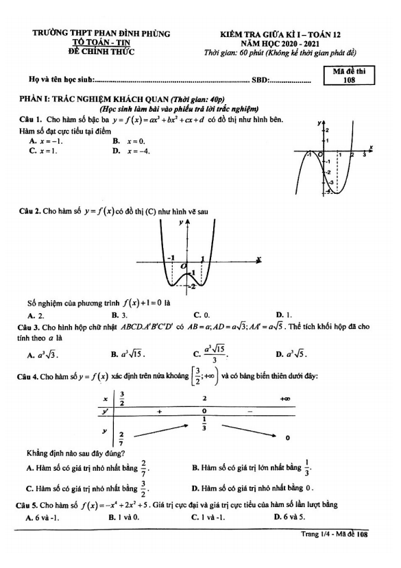 Đề thi giữa học kì 1 (HK1) lớp 12 môn Toán năm 2020 2021 trường THPT Phan Đình Phùng Hà Nội