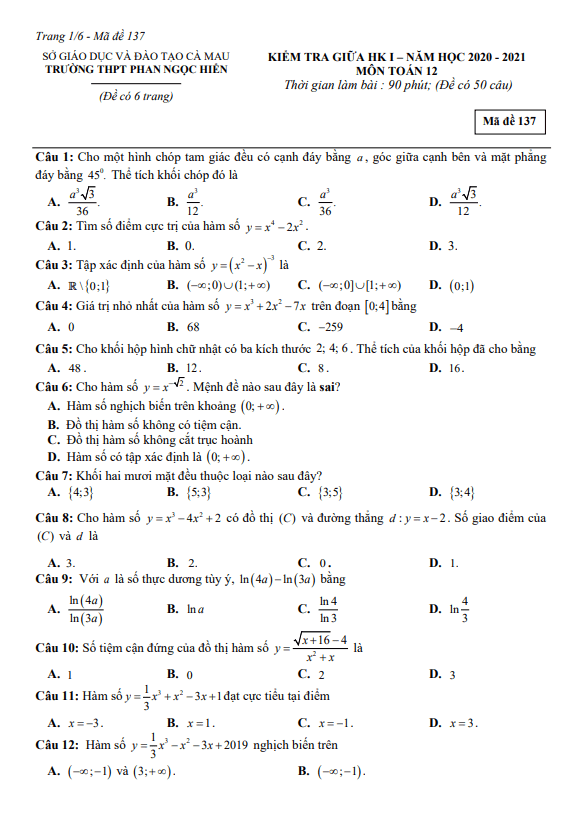 Đề thi giữa học kì 1 (HK1) lớp 12 môn Toán năm 2020 2021 trường THPT Phan Ngọc Hiển Cà Mau