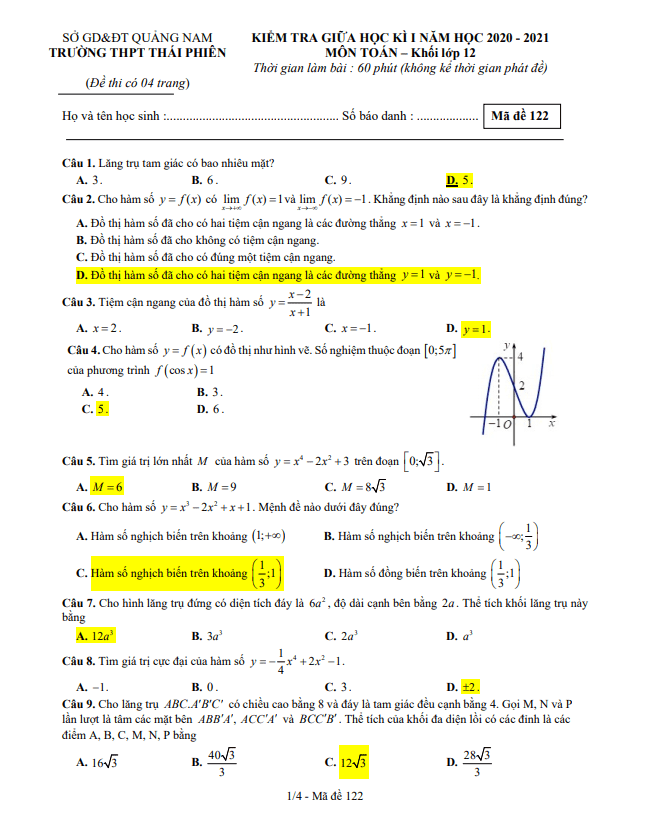 Đề thi giữa học kì 1 (HK1) lớp 12 môn Toán năm 2020 2021 trường THPT Thái Phiên Quảng Nam