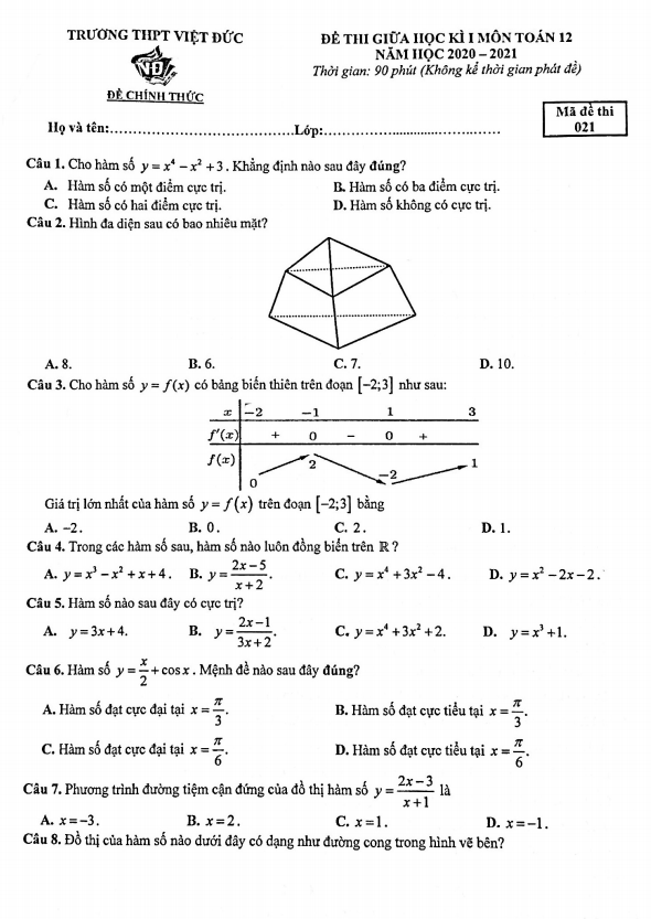 Đề thi giữa học kì 1 (HK1) lớp 12 môn Toán năm 2020 2021 trường THPT Việt Đức Hà Nội