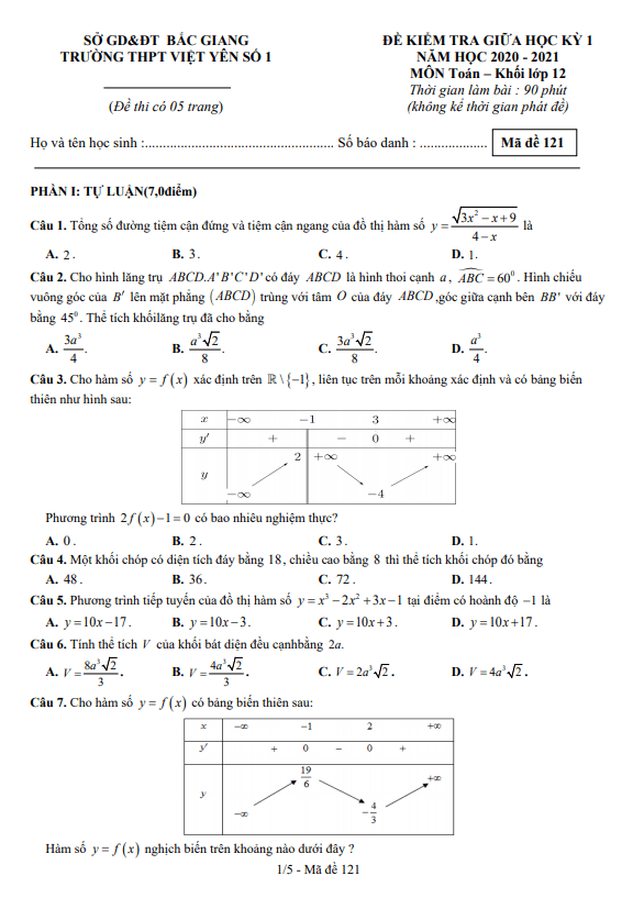 Đề thi giữa học kì 1 (HK1) lớp 12 môn Toán năm 2020 2021 trường THPT Việt Yên 1 Bắc Giang