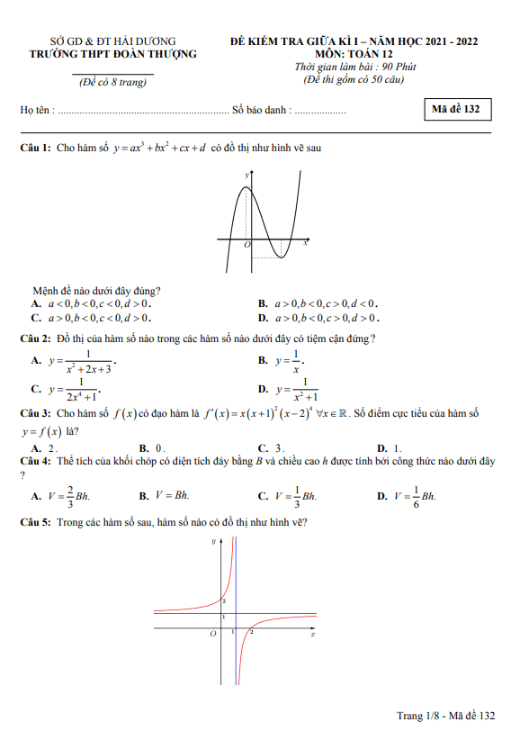 Đề thi giữa học kì 1 (HK1) lớp 12 môn Toán năm 2021 2022 trường THPT Đoàn Thượng Hải Dương