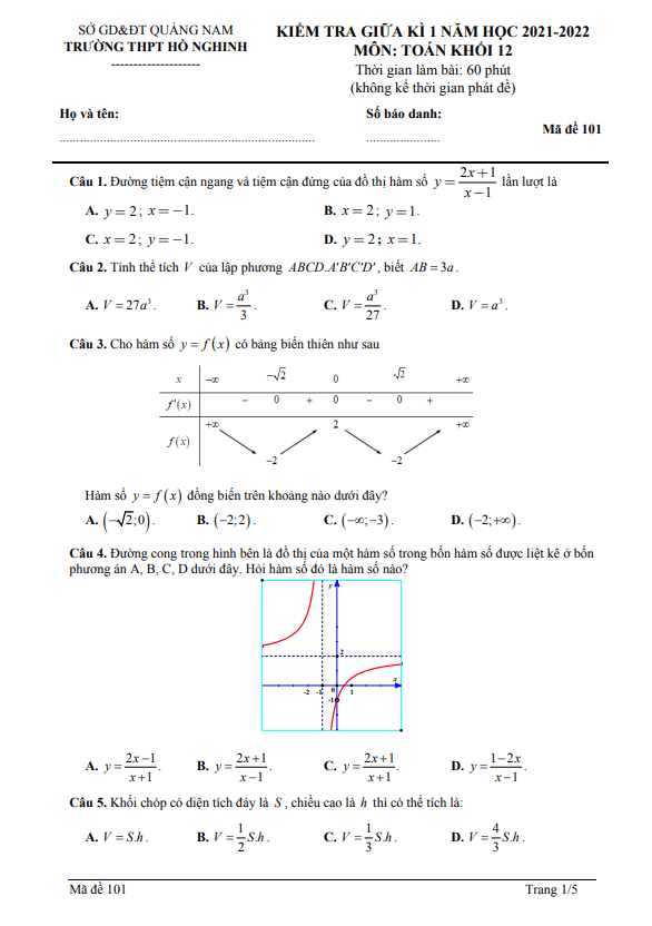 Đề thi giữa học kì 1 (HK1) lớp 12 môn Toán năm 2021 2022 trường THPT Hồ Nghinh Quảng Nam