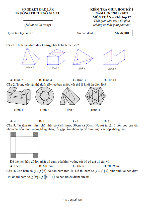 Đề thi giữa học kì 1 (HK1) lớp 12 môn Toán năm 2021 2022 trường THPT Ngô Gia Tự Đắk Lắk