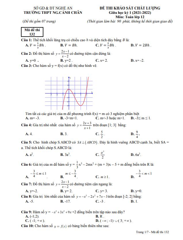 Đề thi giữa học kì 1 (HK1) lớp 12 môn Toán năm 2021 2022 trường THPT Nguyễn Cảnh Chân Nghệ An