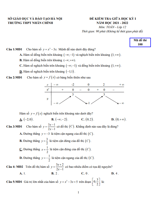 Đề thi giữa học kì 1 (HK1) lớp 12 môn Toán năm 2021 2022 trường THPT Nhân Chính Hà Nội