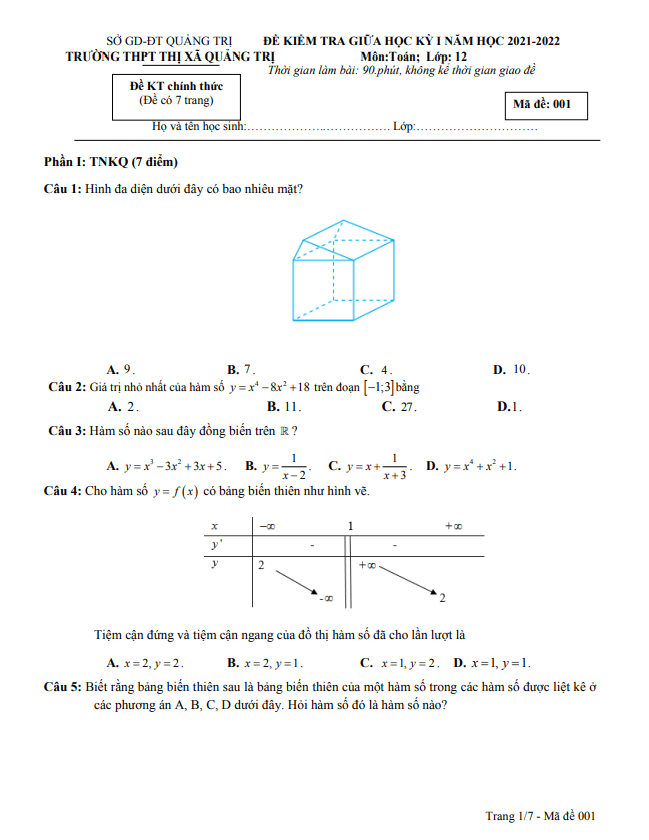 Đề thi giữa học kì 1 (HK1) lớp 12 môn Toán năm 2021 2022 trường THPT Thị xã Quảng Trị