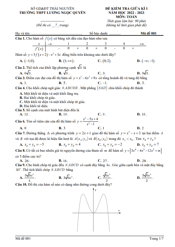 Đề thi giữa học kì 1 (HK1) lớp 12 môn Toán năm 2022 2023 THPT Lương Ngọc Quyến Thái Nguyên