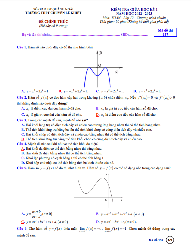 Đề thi giữa học kì 1 (HK1) lớp 12 môn Toán năm 2022 2023 trường chuyên Lê Khiết Quảng Ngãi