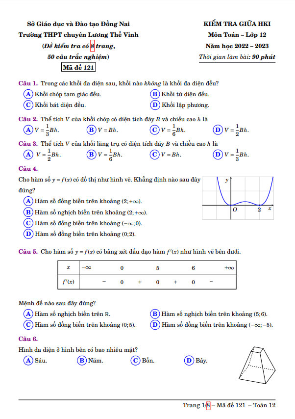 Đề thi giữa học kì 1 (HK1) lớp 12 môn Toán năm 2022 2023 trường chuyên Lương Thế Vinh Đồng Nai