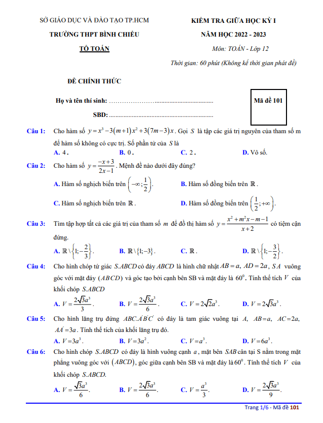 Đề thi giữa học kì 1 (HK1) lớp 12 môn Toán năm 2022 2023 trường THPT Bình Chiểu TP HCM