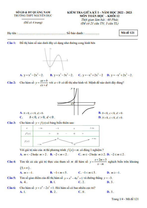 Đề thi giữa học kì 1 (HK1) lớp 12 môn Toán năm 2022 2023 trường THPT Nguyễn Dục Quảng Nam