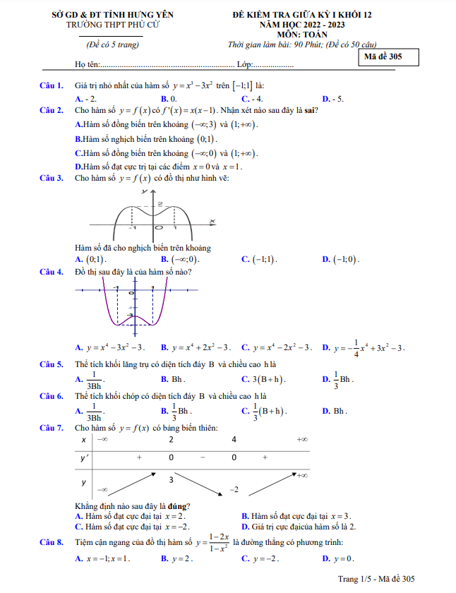 Đề thi giữa học kì 1 (HK1) lớp 12 môn Toán năm 2022 2023 trường THPT Phù Cừ Hưng Yên