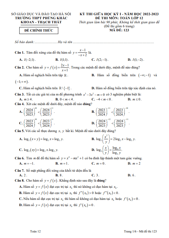 Đề thi giữa học kì 1 (HK1) lớp 12 môn Toán năm 2022 2023 trường THPT Phùng Khắc Khoan Hà Nội