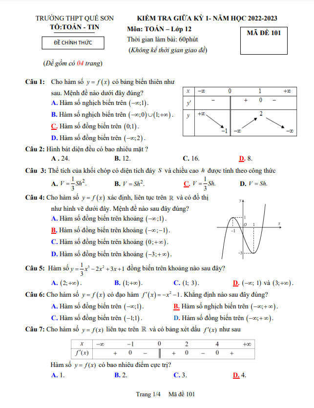 Đề thi giữa học kì 1 (HK1) lớp 12 môn Toán năm 2022 2023 trường THPT Quế Sơn Quảng Nam