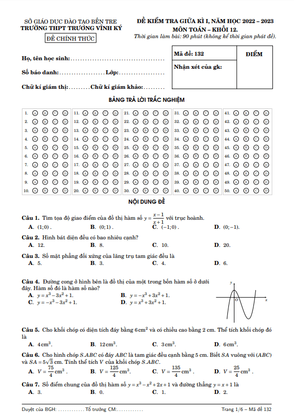 Đề thi giữa học kì 1 (HK1) lớp 12 môn Toán năm 2022 2023 trường THPT Trương Vĩnh Ký Bến Tre