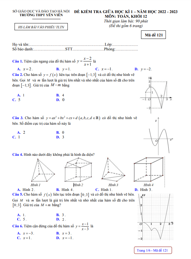 Đề thi giữa học kì 1 (HK1) lớp 12 môn Toán năm 2022 2023 trường THPT Yên Viên Hà Nội