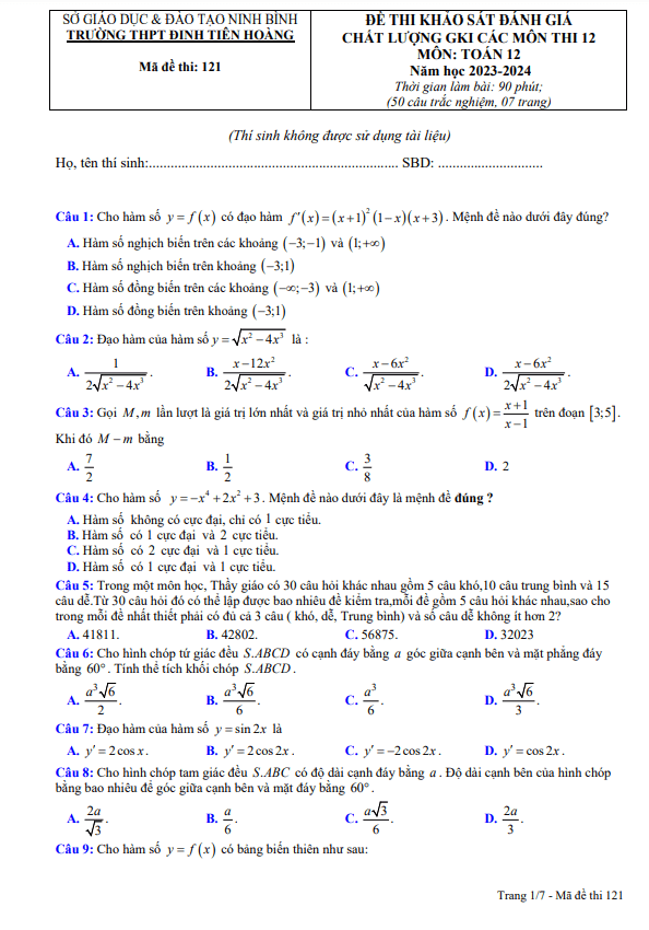 Đề thi giữa học kì 1 (HK1) lớp 12 môn Toán năm 2023 2024 trường THPT Đinh Tiên Hoàng Ninh Bình
