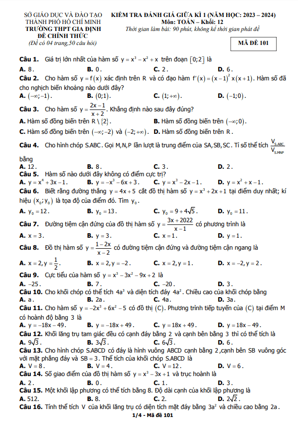 Đề thi giữa học kì 1 (HK1) lớp 12 môn Toán năm 2023 2024 trường THPT Gia Định TP HCM
