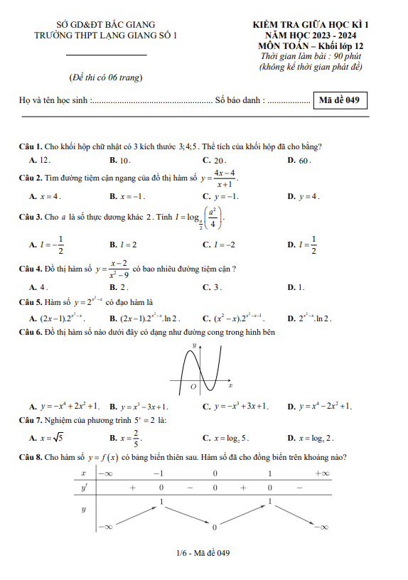 Đề thi giữa học kì 1 (HK1) lớp 12 môn Toán năm 2023 2024 trường THPT Lạng Giang 1 Bắc Giang
