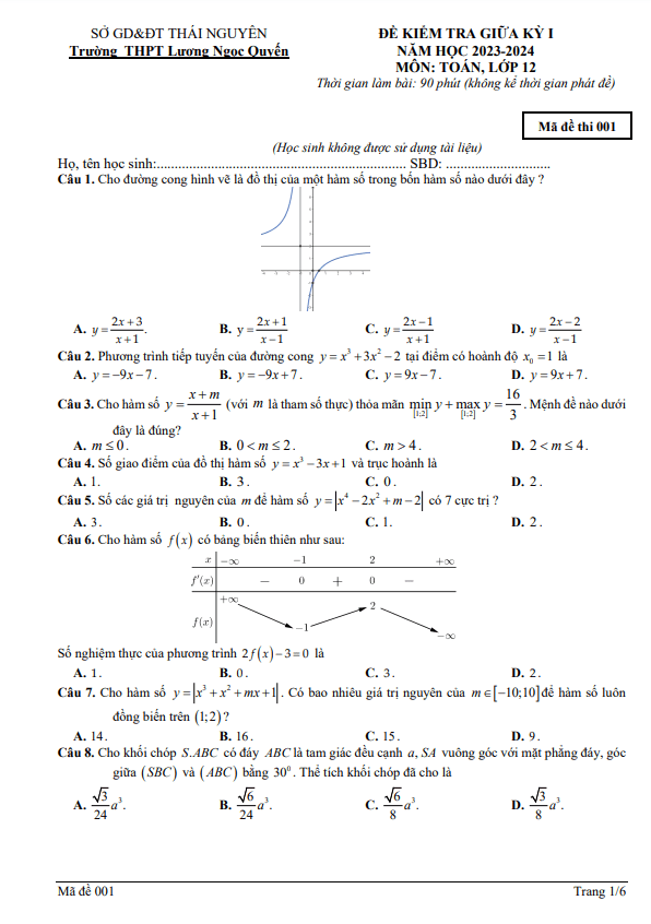 Đề thi giữa học kì 1 (HK1) lớp 12 môn Toán năm 2023 2024 trường THPT Lương Ngọc Quyến Thái Nguyên