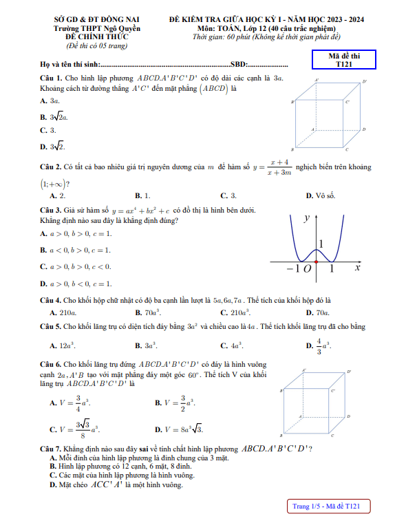Đề thi giữa học kì 1 (HK1) lớp 12 môn Toán năm 2023 2024 trường THPT Ngô Quyền Đồng Nai