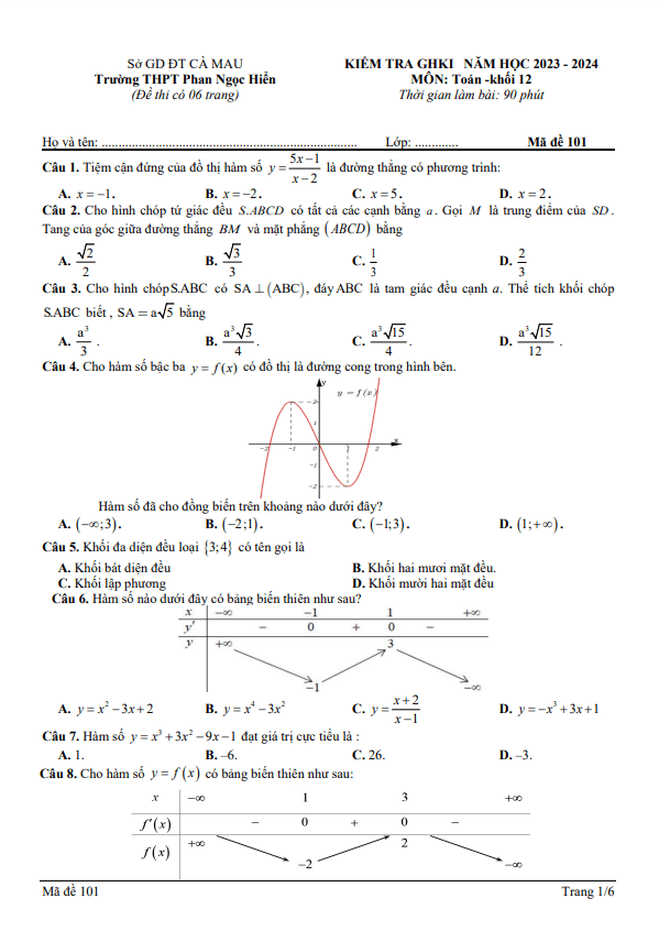 Đề thi giữa học kì 1 (HK1) lớp 12 môn Toán năm 2023 2024 trường THPT Phan Ngọc Hiển Cà Mau