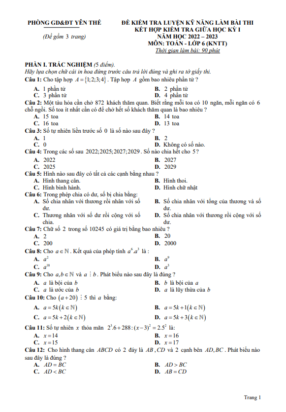 Đề thi giữa học kì 1 (HK1) lớp 6 môn Toán (KNTTVCS) năm 2022 2023 phòng GD ĐT Yên Thế Bắc Giang