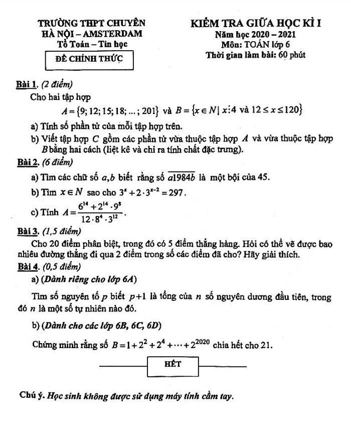 Đề thi giữa học kì 1 (HK1) lớp 6 môn Toán năm 2020 2021 trường chuyên Hà Nội Amsterdam