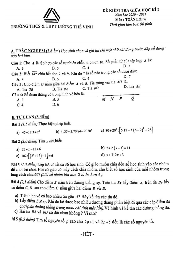 Đề thi giữa học kì 1 (HK1) lớp 6 môn Toán năm 2020 2021 trường Lương Thế Vinh Hà Nội