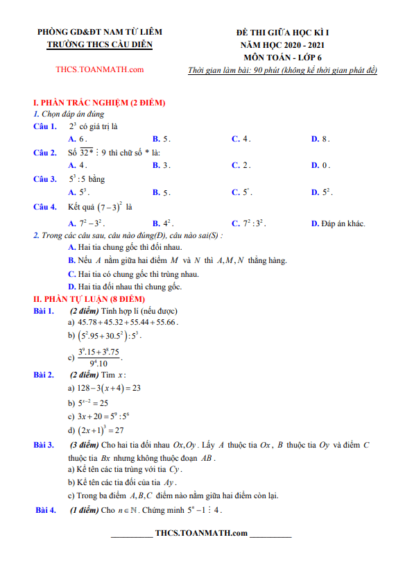 Đề thi giữa học kì 1 (HK1) lớp 6 môn Toán năm 2020 2021 trường THCS Cầu Diễn Hà Nội