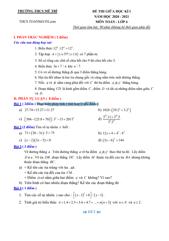 Đề thi giữa học kì 1 (HK1) lớp 6 môn Toán năm 2020 2021 trường THCS Mễ Trì Hà Nội