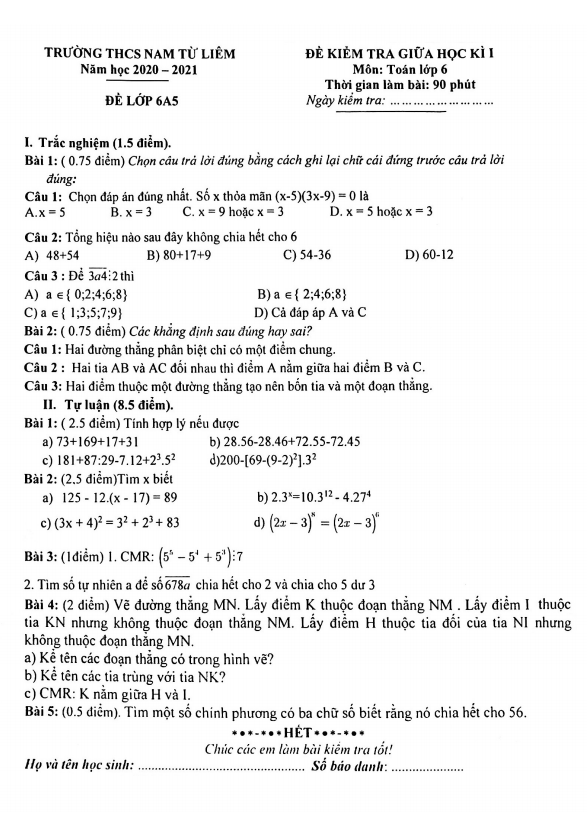 Đề thi giữa học kì 1 (HK1) lớp 6 môn Toán năm 2020 2021 trường THCS Nam Từ Liêm Hà Nội