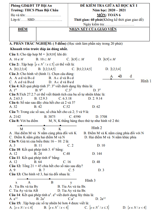 Đề thi giữa học kì 1 (HK1) lớp 6 môn Toán năm 2020 2021 trường THCS Phan Bội Châu Quảng Nam
