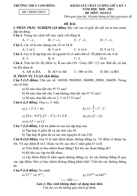 Đề thi giữa học kì 1 (HK1) lớp 6 môn Toán năm 2020 2021 trường THCS Tam Hồng Vĩnh Phúc
