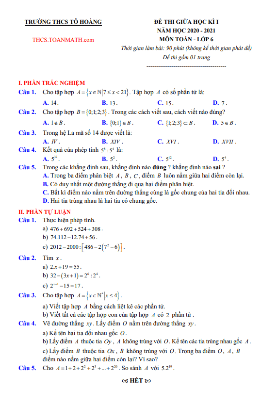 Đề thi giữa học kì 1 (HK1) lớp 6 môn Toán năm 2020 2021 trường THCS Tô Hoàng Hà Nội