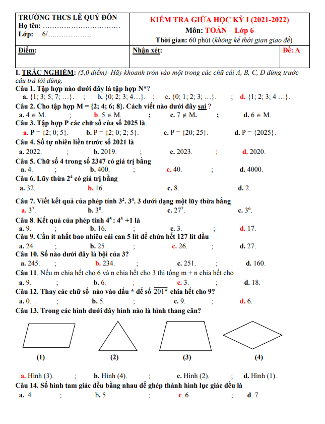 Đề thi giữa học kì 1 (HK1) lớp 6 môn Toán năm 2021 2022 trường THCS Lê Quý Đôn Quảng Nam