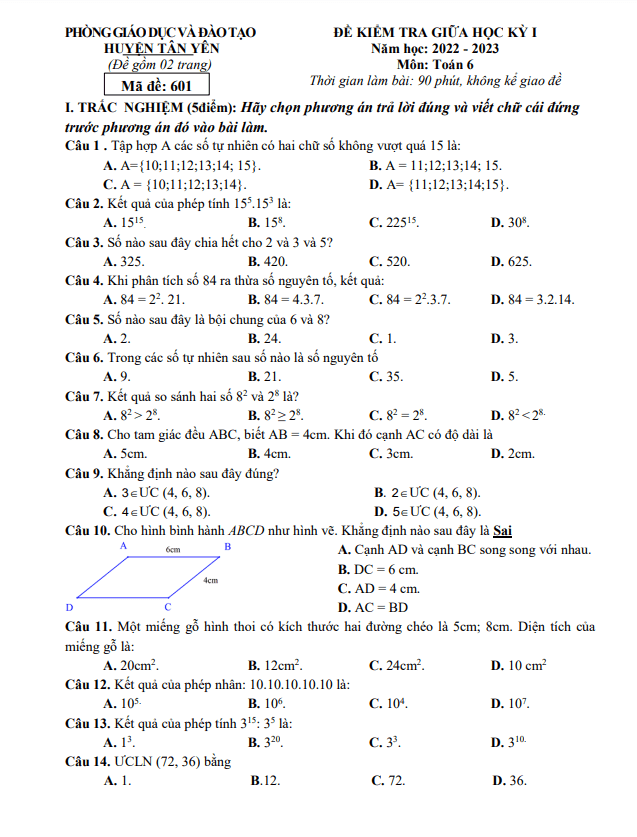 Đề thi giữa học kì 1 (HK1) lớp 6 môn Toán năm 2022 2023 phòng GD ĐT Tân Yên Bắc Giang