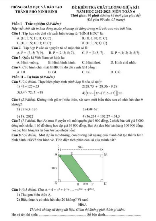 Đề thi giữa học kì 1 (HK1) lớp 6 môn Toán năm 2022 2023 phòng GD ĐT thành phố Ninh Bình
