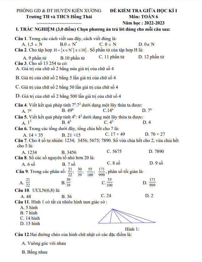 Đề thi giữa học kì 1 (HK1) lớp 6 môn Toán năm 2022 2023 trường Hồng Thái Thái Bình