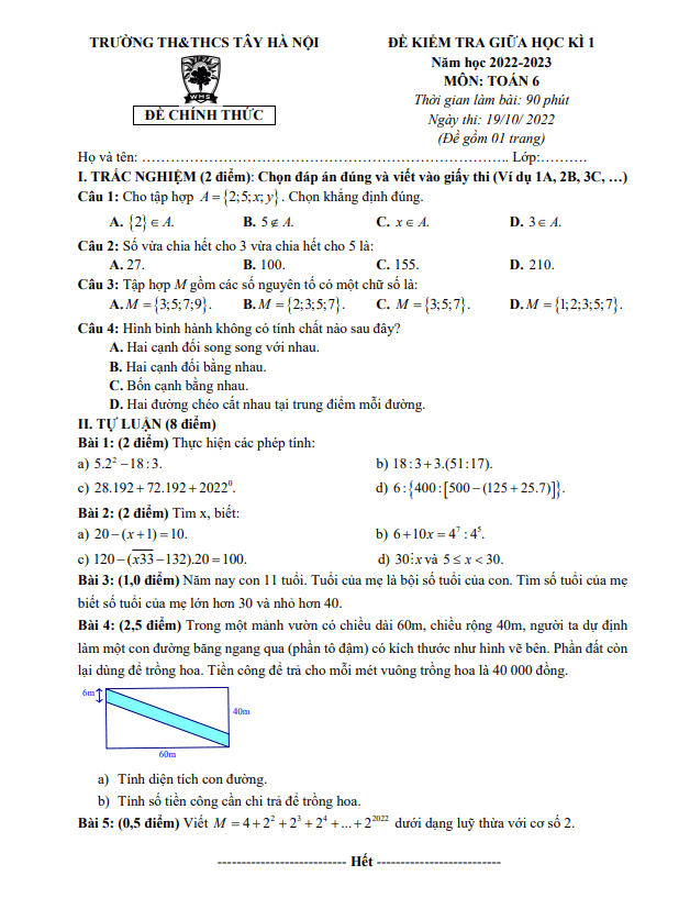 Đề thi giữa học kì 1 (HK1) lớp 6 môn Toán năm 2022 2023 trường TH THCS Tây Hà Nội