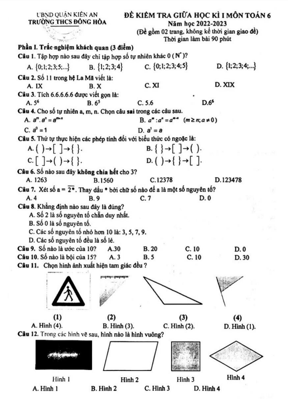 Đề thi giữa học kì 1 (HK1) lớp 6 môn Toán năm 2022 2023 trường THCS Đồng Hòa Hải Phòng