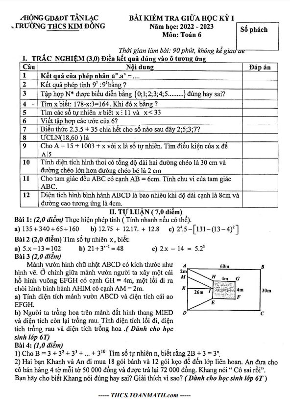 Đề thi giữa học kì 1 (HK1) lớp 6 môn Toán năm 2022 2023 trường THCS Kim Đồng Hòa Bình