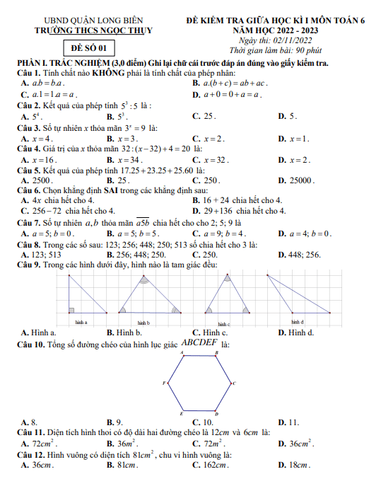 Đề thi giữa học kì 1 (HK1) lớp 6 môn Toán năm 2022 2023 trường THCS Ngọc Thụy Hà Nội