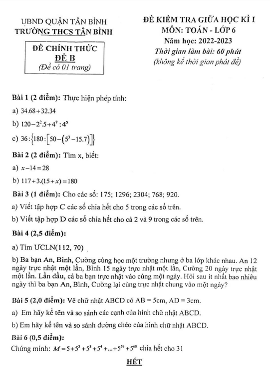 Đề thi giữa học kì 1 (HK1) lớp 6 môn Toán năm 2022 2023 trường THCS Tân Bình TP HCM