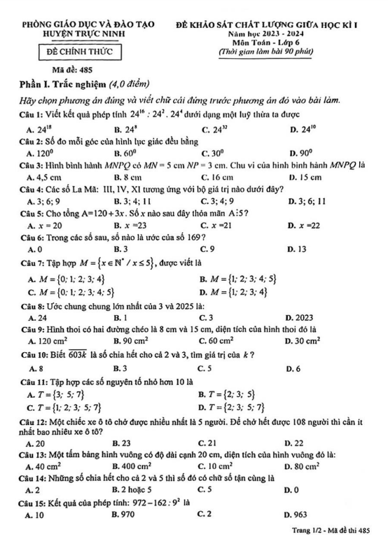 Đề thi giữa học kì 1 (HK1) lớp 6 môn Toán năm 2023 2024 phòng GD ĐT Trực Ninh Nam Định